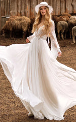 A Line Boho Lace Wedding Dress with Sleeves Plunging Neckline Sweep Train