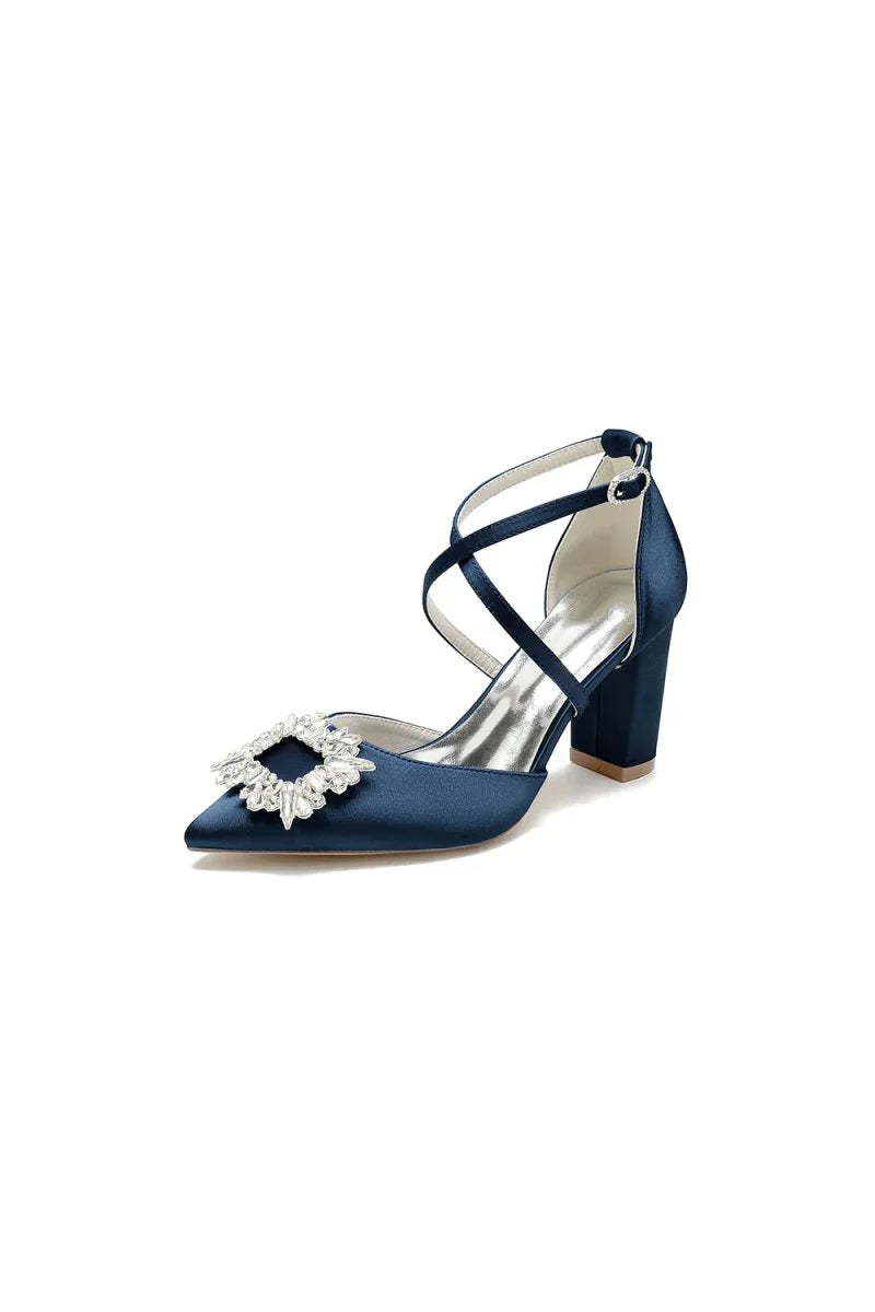 White Satin Pump with Crystal Embellished Cross Strap
