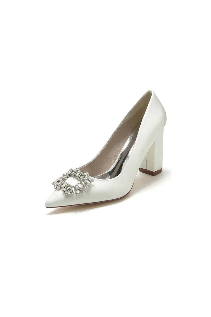 Pointed Toe Block Heels with Rhinestone