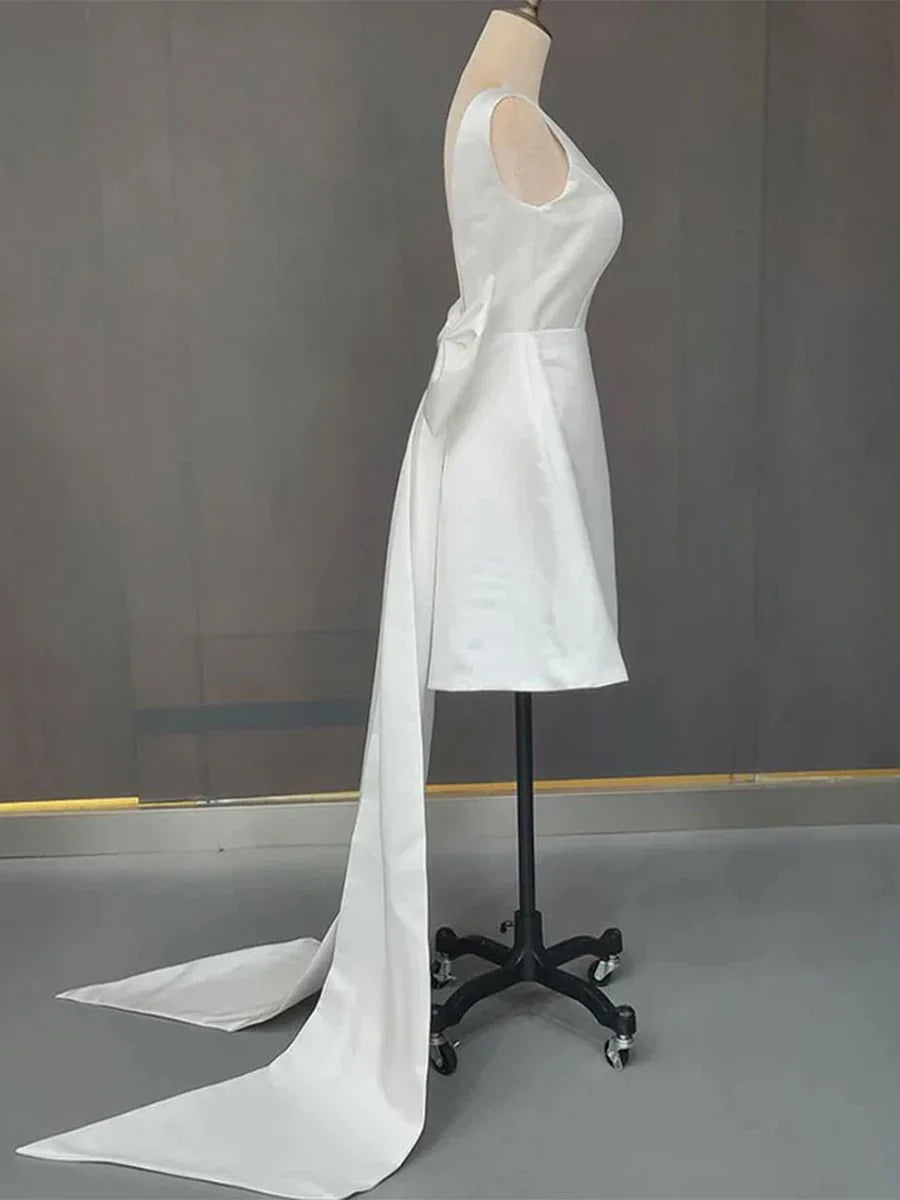 A Line Satin V Neck Short Wedding Dress with Large Bow