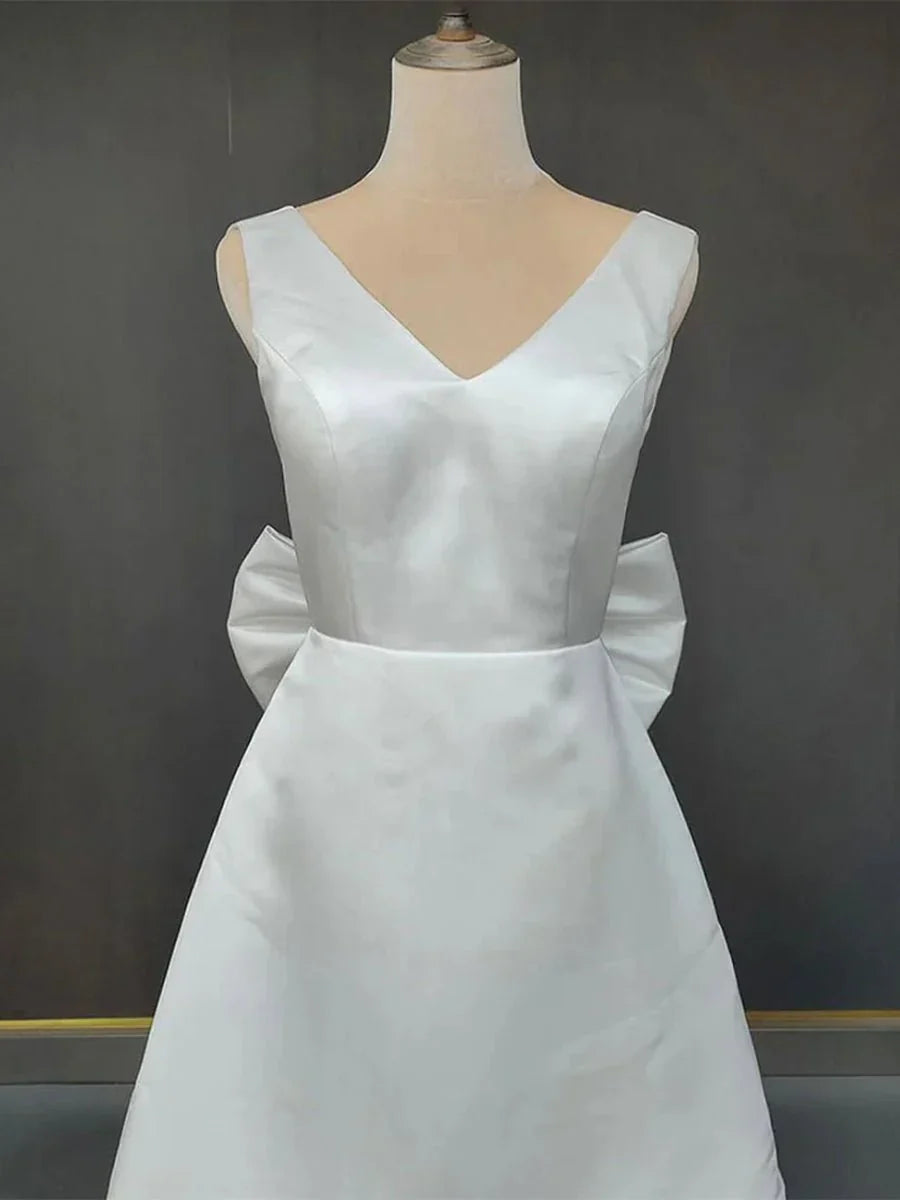 A Line Satin V Neck Short Wedding Dress with Large Bow