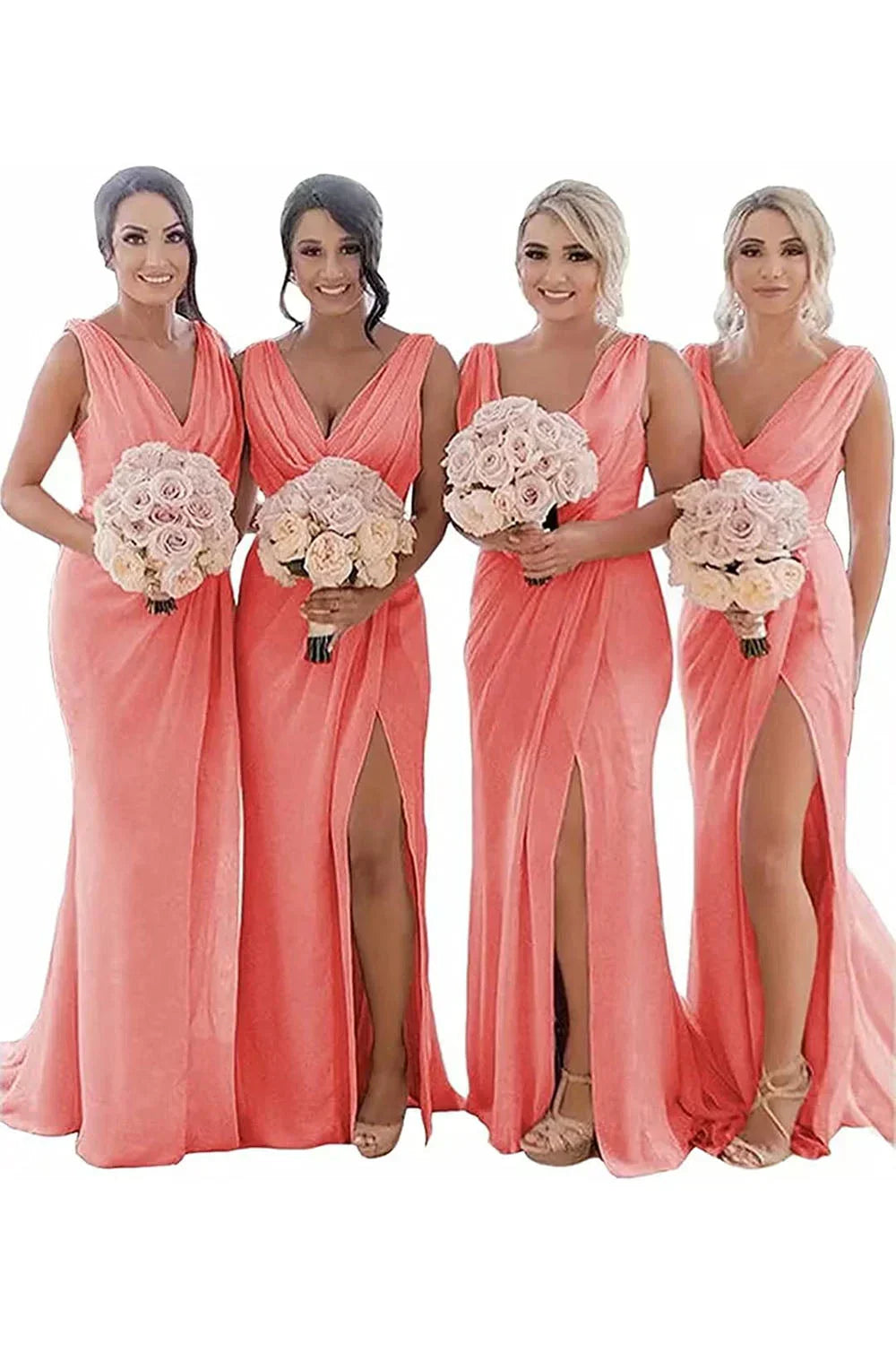Ivory Sheath Chiffon Ruched Long Bridesmaid Dress with Slit
