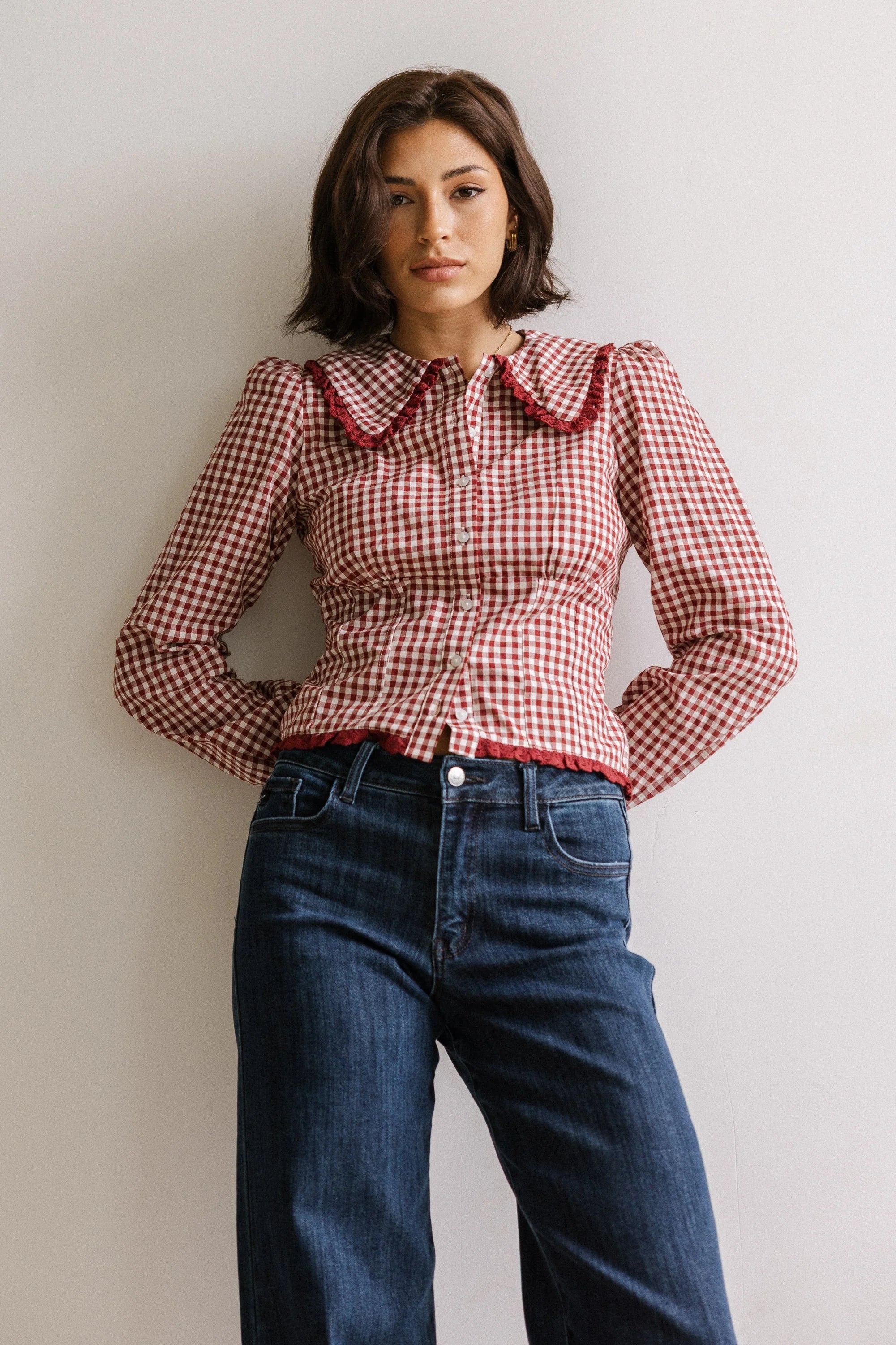 Brenna Gingham Blouse in Burgundy FINAL SALE