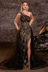 ODYSSEY GOWN ONE SHOULDER GLITTER DRESS WITH OVERSKIRT
