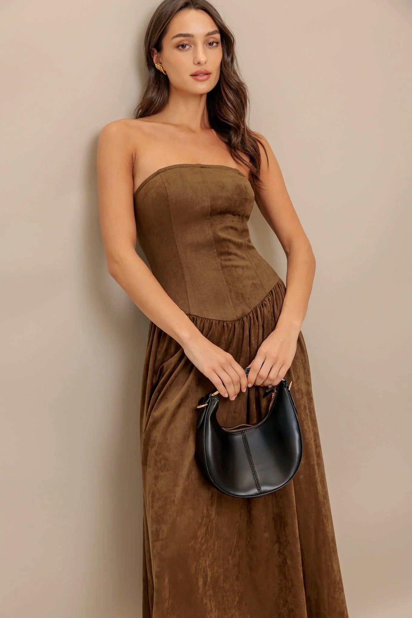 WILD ESPRESSO BROWN FAUX SUEDE MIDI DRESS