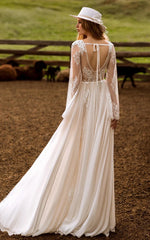 A Line Boho Lace Wedding Dress with Sleeves Plunging Neckline Sweep Train