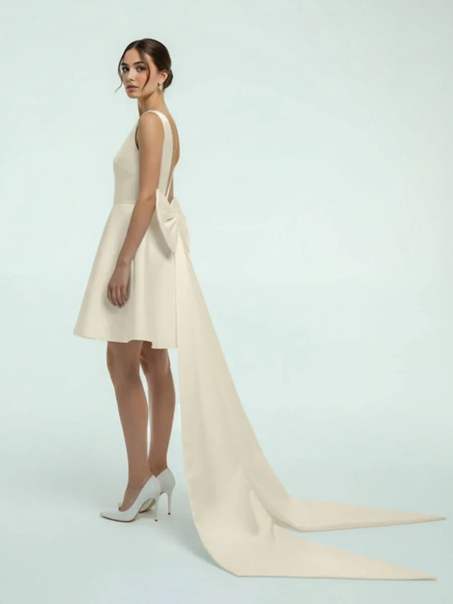 A Line Satin V Neck Short Wedding Dress with Large Bow